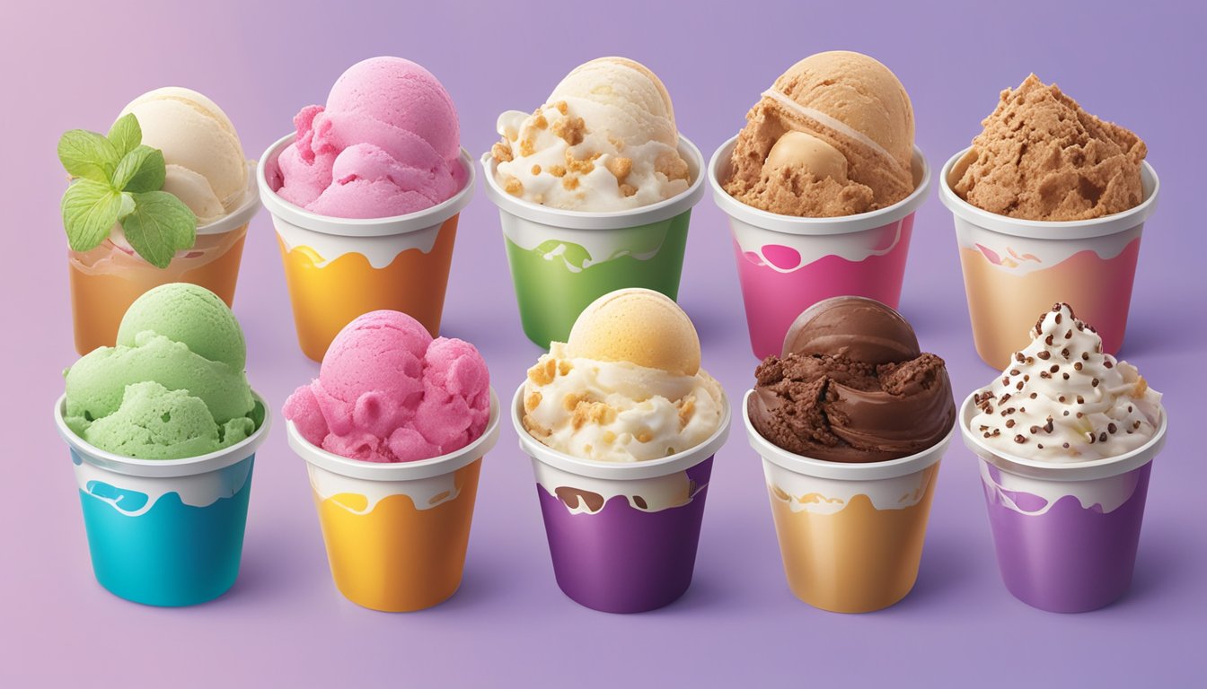 A colorful display of various ice cream flavors in tubs and cones at Albertsons, with vibrant packaging and appetizing toppings