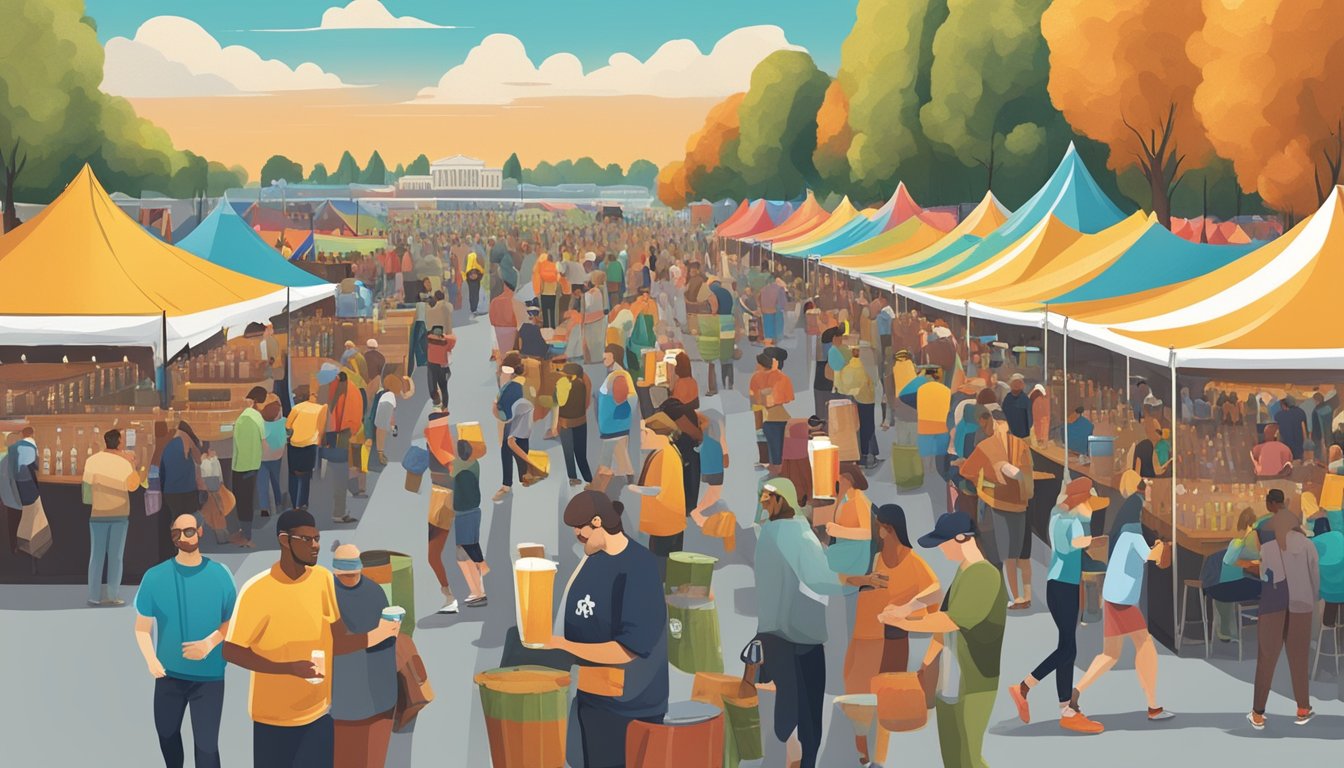 A bustling craft beer festival in Washington, DC, with rows of colorful brewery tents and people sampling various beers