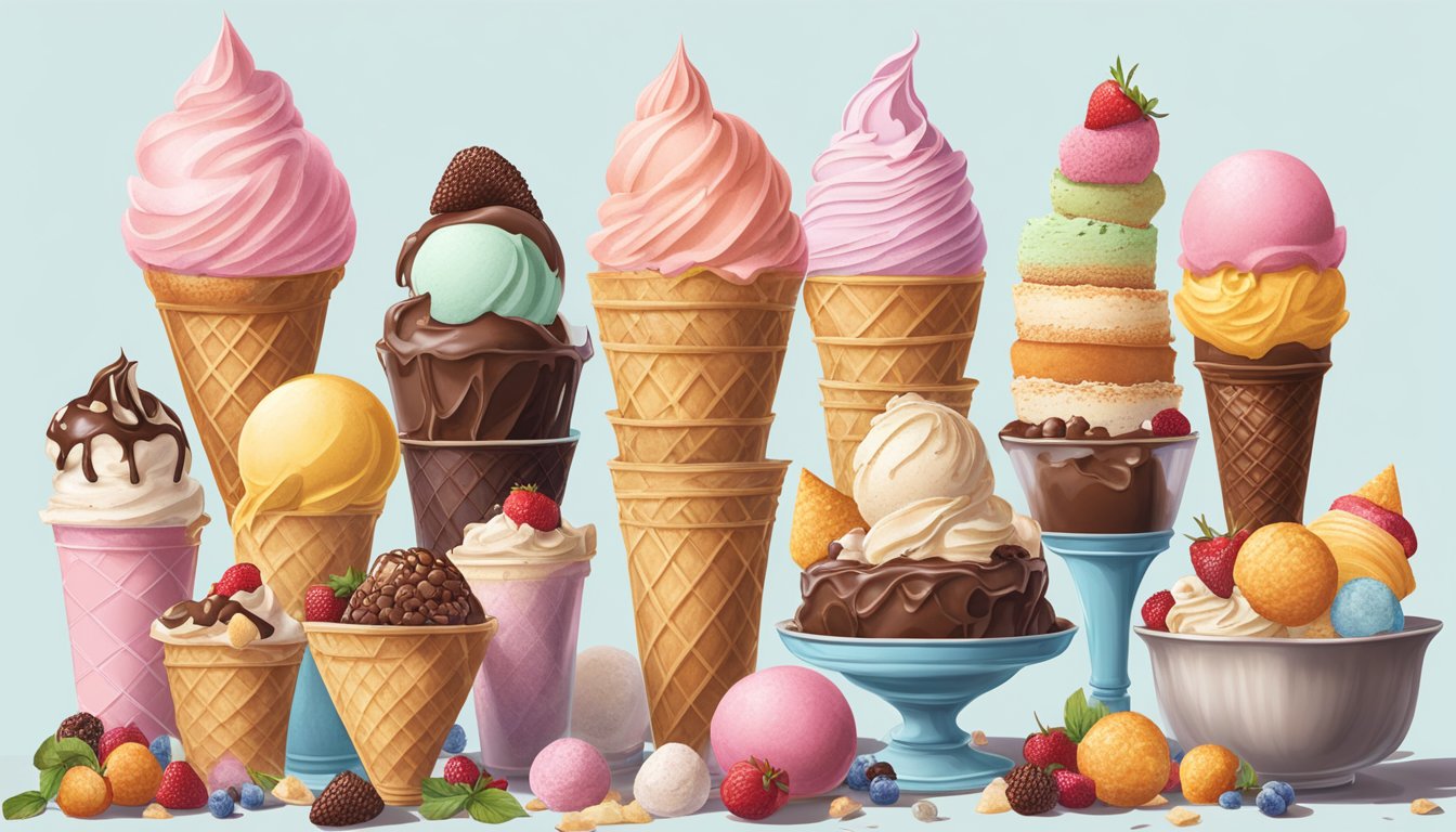 A table piled high with oversized ice cream cones and towering desserts