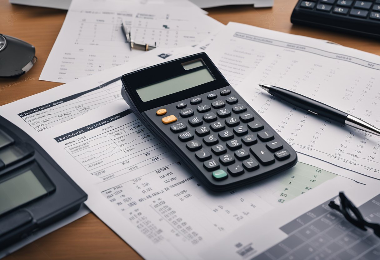 A stack of papers, charts, and graphs laid out on a desk, with a pen and calculator nearby