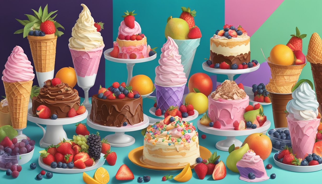 A table overflowing with oversized ice cream cones, towering sundaes, and massive slices of cake, surrounded by vibrant fruits and decadent toppings