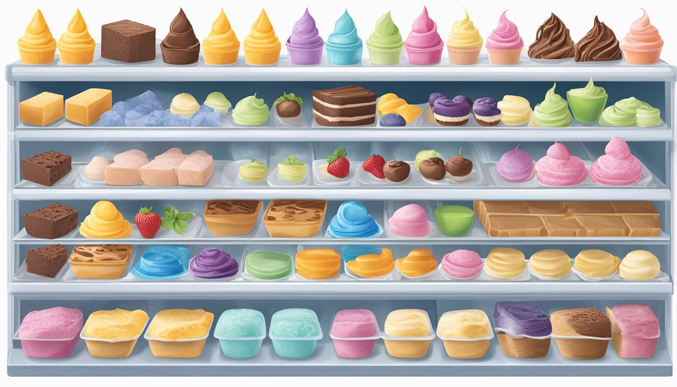 A colorful display of various frozen desserts at Albertsons, including ice cream, sorbet, and frozen yogurt, arranged neatly in a freezer section