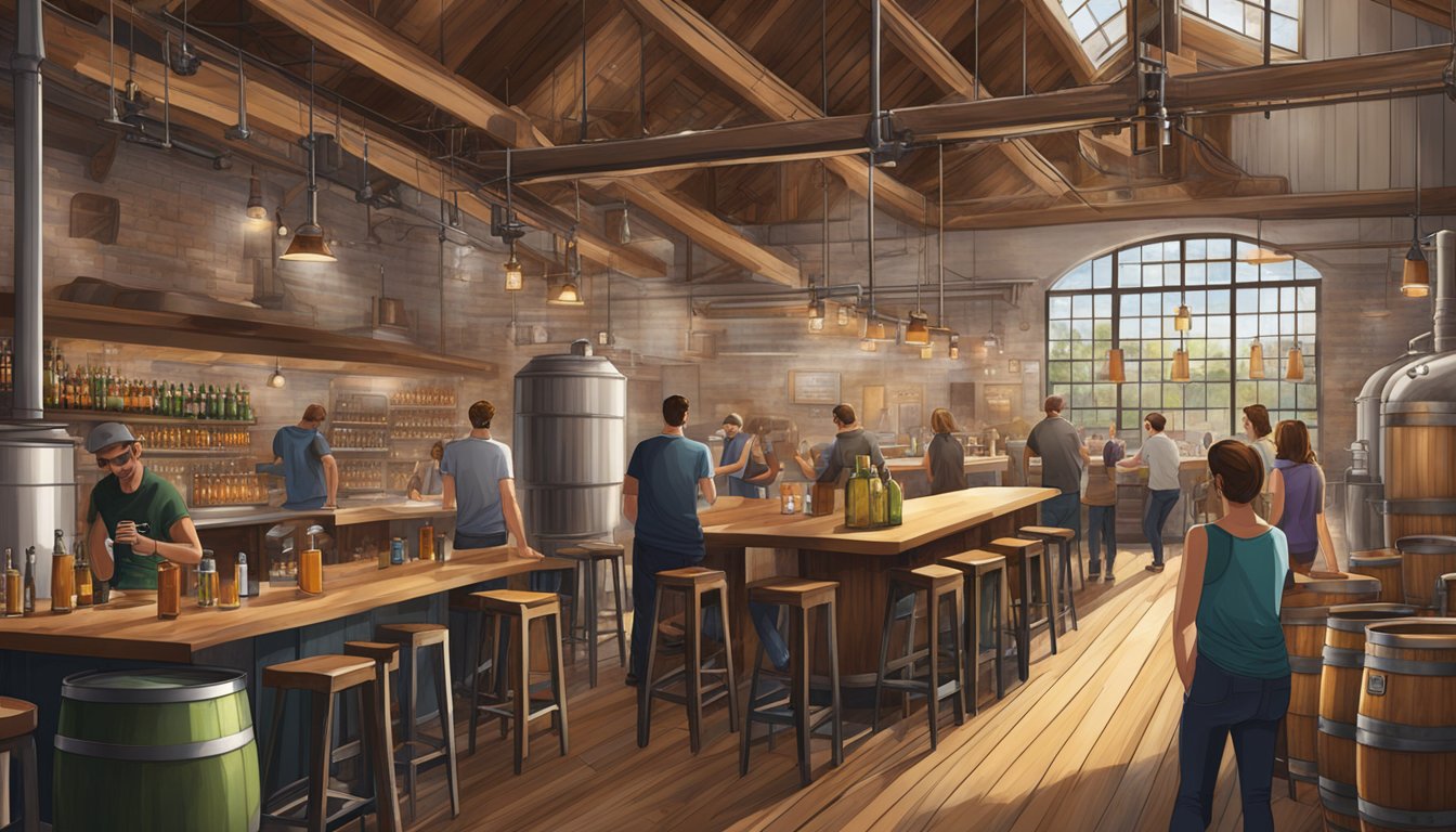 A bustling brewery with a mix of modern and rustic decor, featuring large steel tanks and wooden barrels. Customers gather around high-top tables, enjoying various craft beers