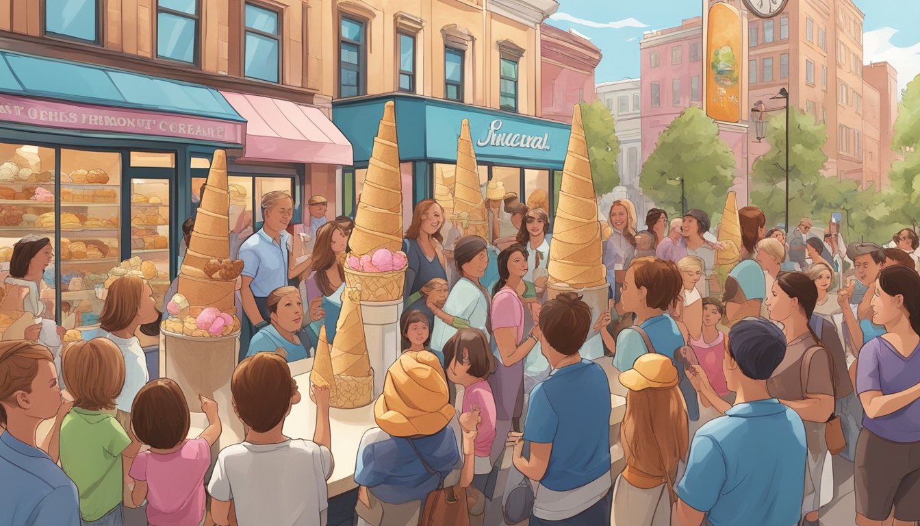 Giant ice cream cones tower over a bustling crowd, each flavor more tempting than the last. Customers eagerly sample the oversized treats, their expressions of delight captured in the scene