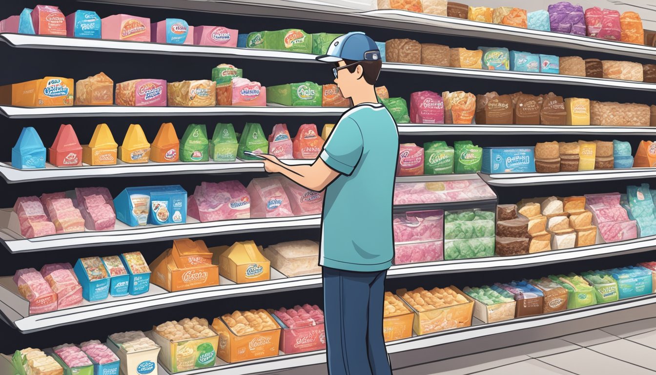 A person selects a carton of Albertsons ice cream from a freezer display, surrounded by various flavors and brands