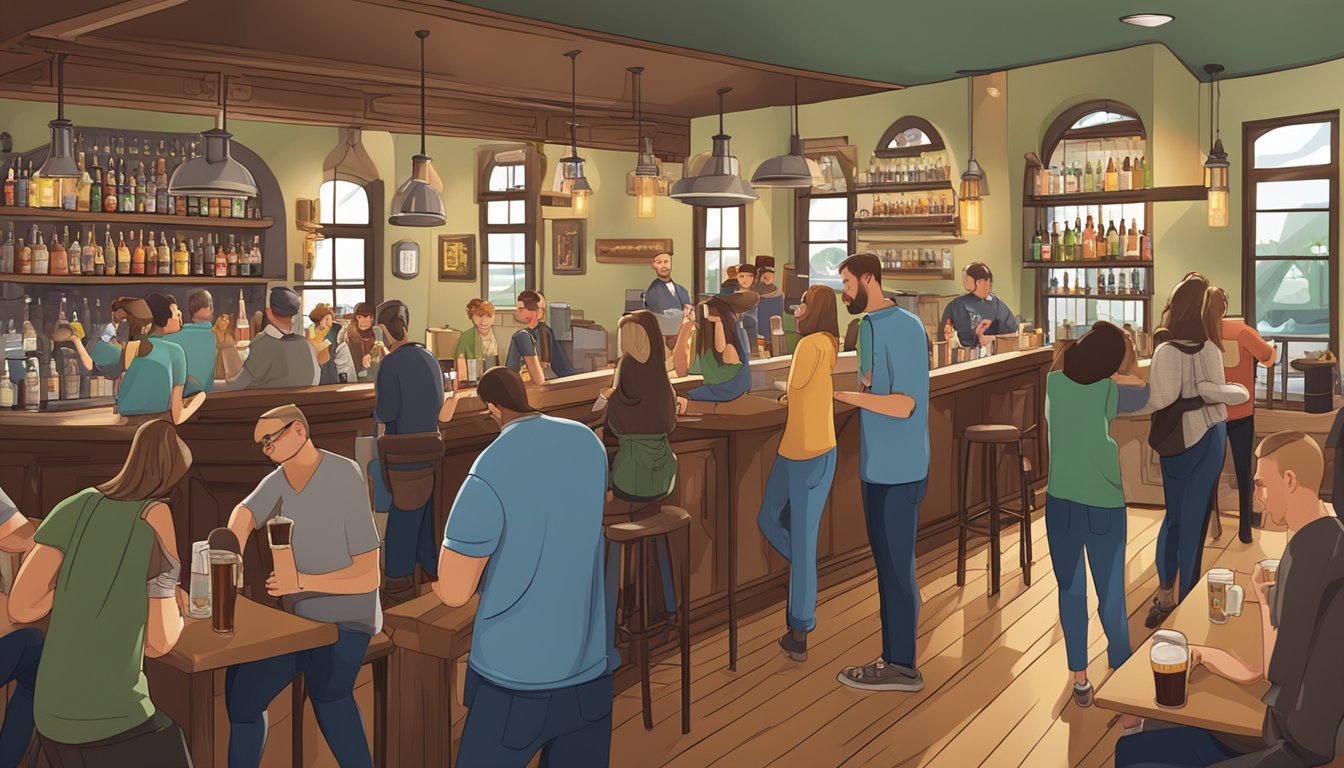 A bustling taproom with a variety of craft beer taps, people enjoying drinks, and a cozy, inviting atmosphere