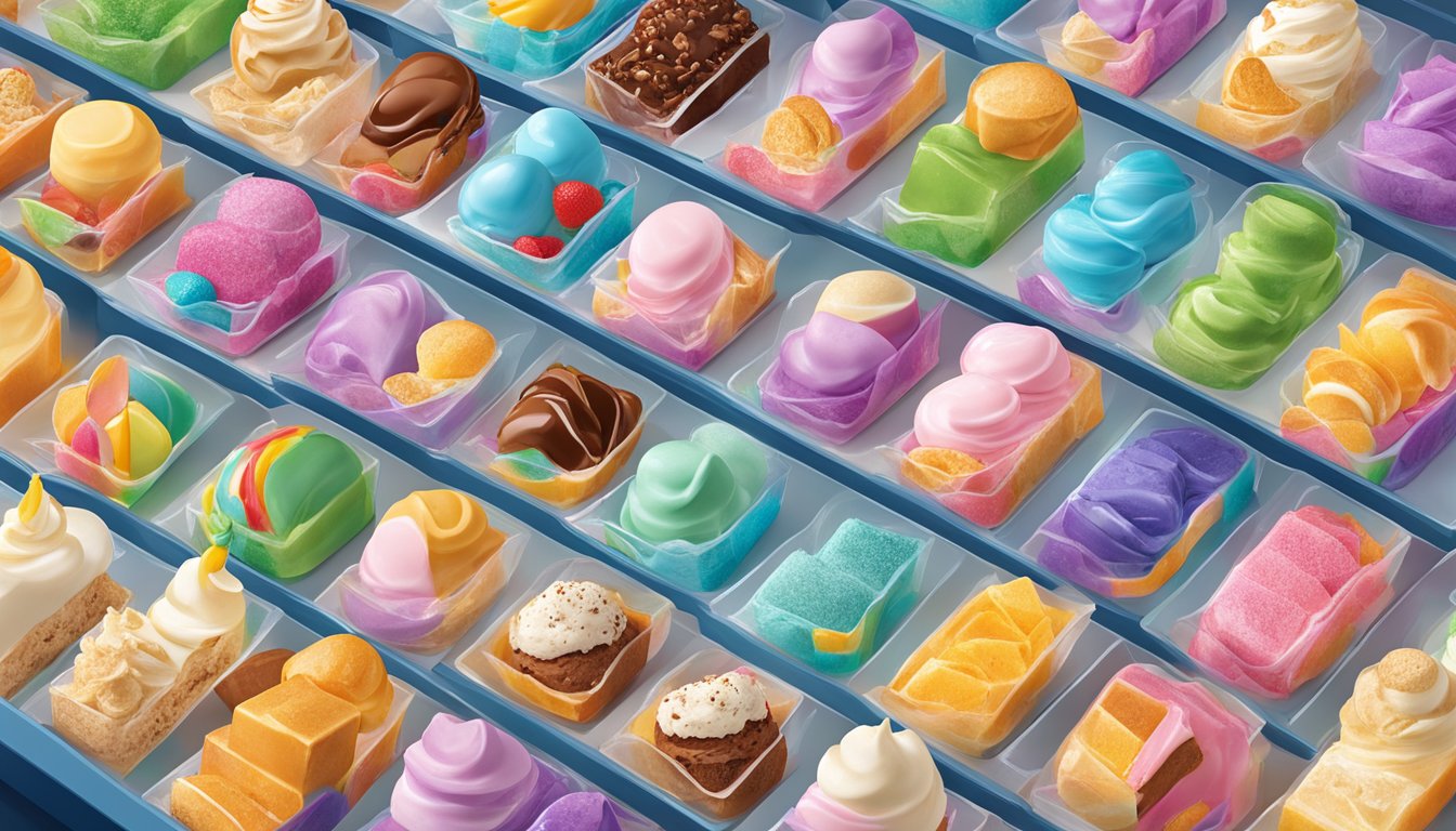 A colorful array of Albertsons ice cream flavors arranged in a display case, surrounded by vibrant packaging and enticing toppings