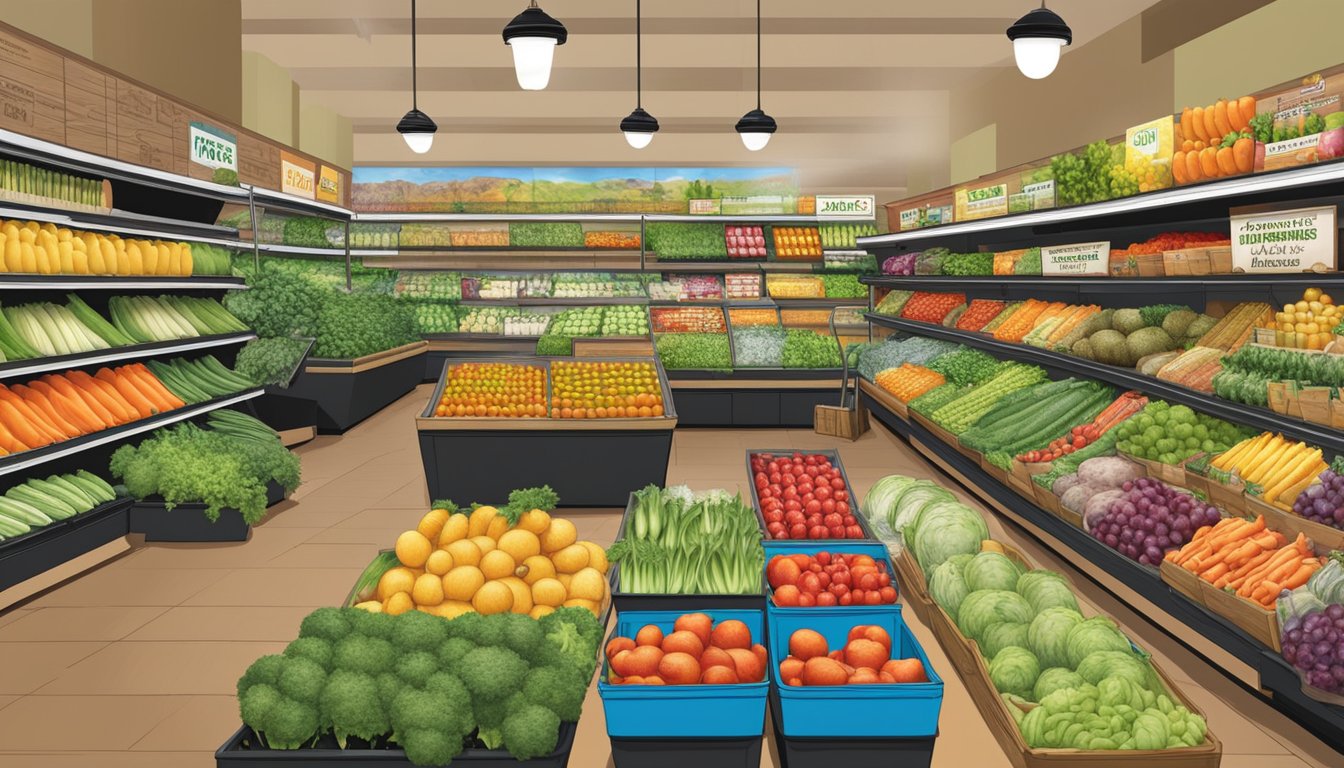 A colorful array of fresh produce and packaged goods fill the shelves at Sprouts Farmers Market, with online services signage displayed prominently