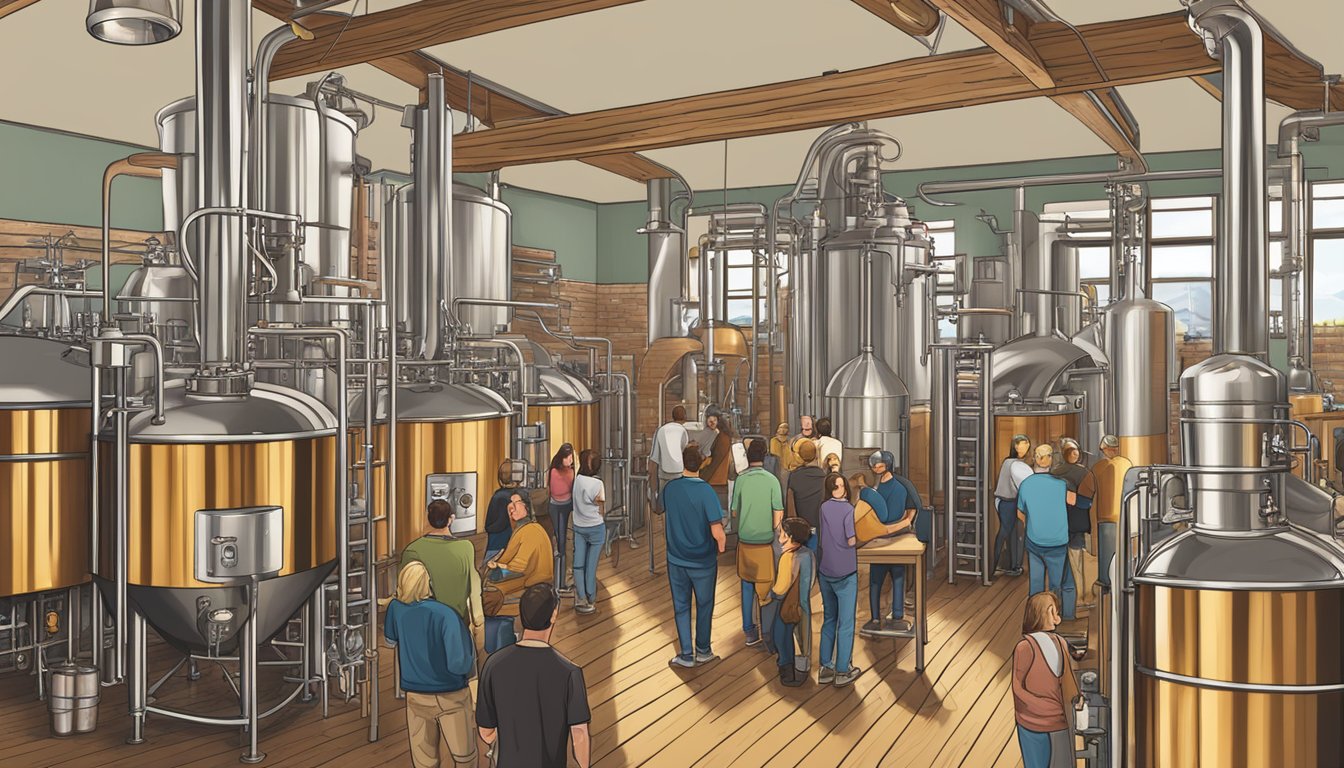 A bustling craft brewery scene with various beer styles and innovative brewing techniques on display in a local guide for Greeley, CO