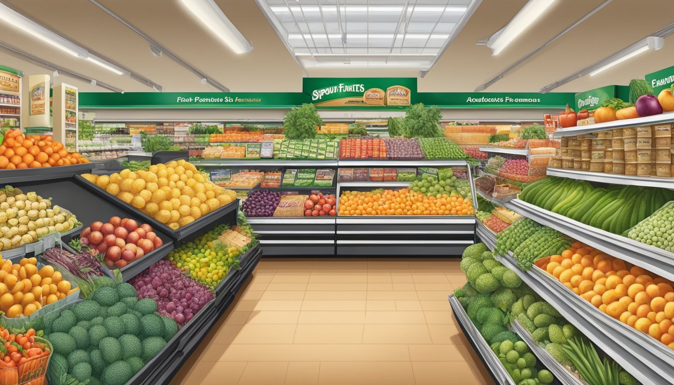 A colorful display of specialty groceries at Sprouts Farmers Market. Fresh produce, gourmet items, and unique products fill the shelves