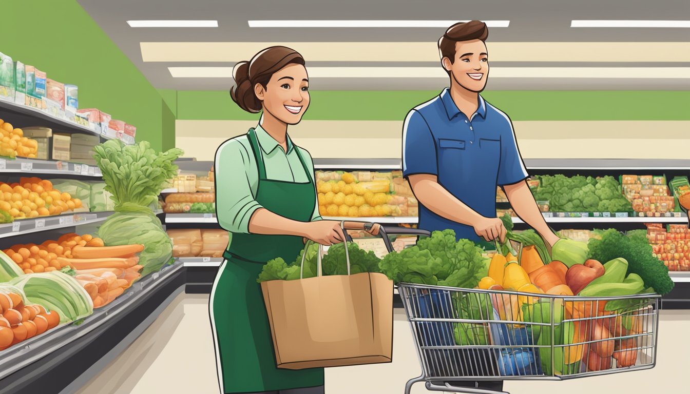 A customer service representative assists a shopper with groceries at Sprouts Farmers Market