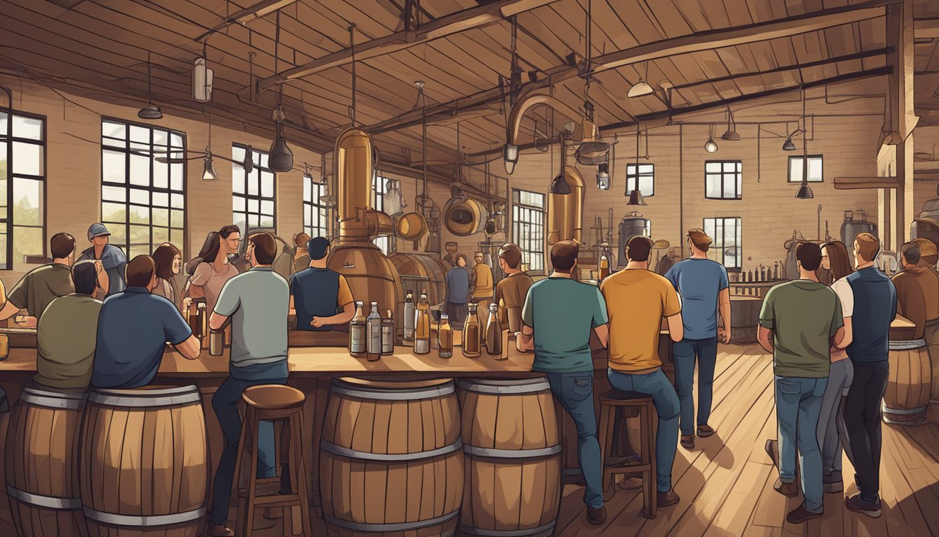 A group of people enjoying craft beer tastings at a local brewery, surrounded by barrels and brewing equipment