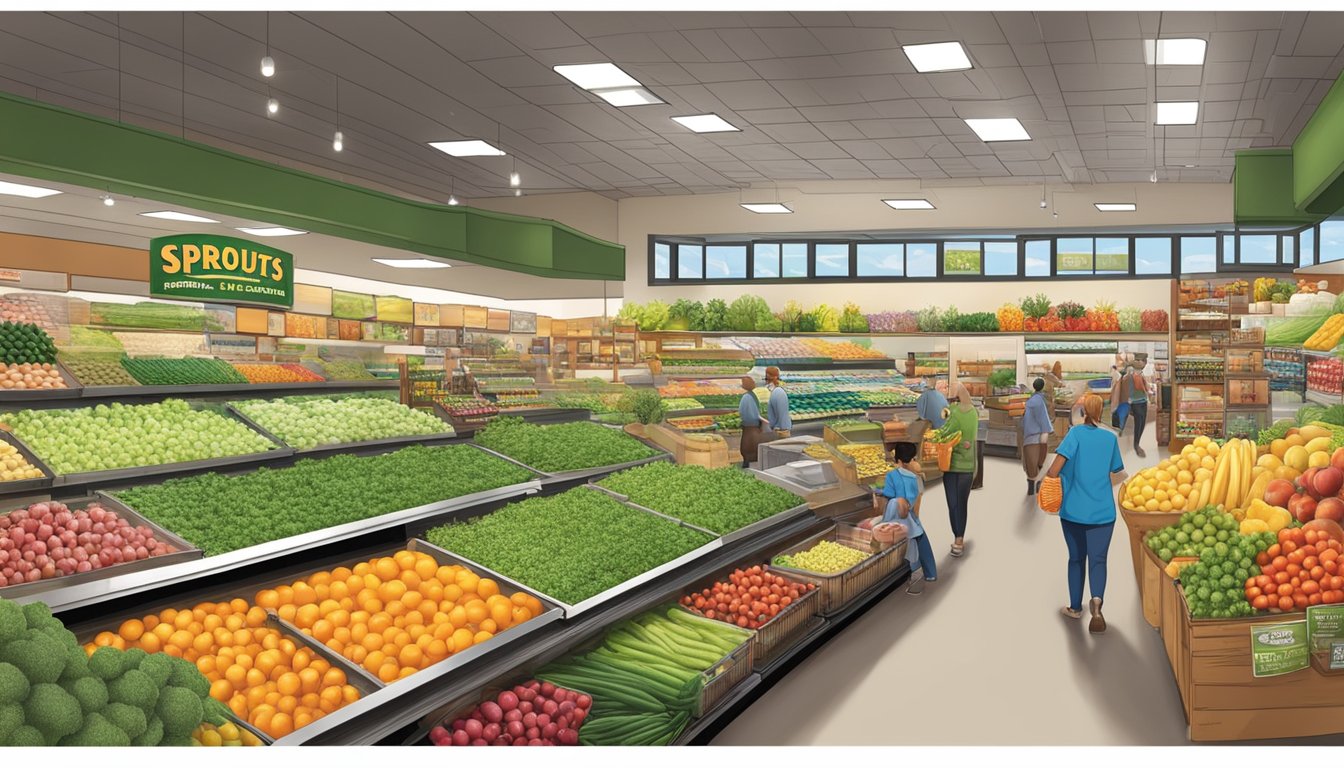 A bustling Sprouts Farmers Market with colorful produce, aisles of organic goods, and accessible entrances for all