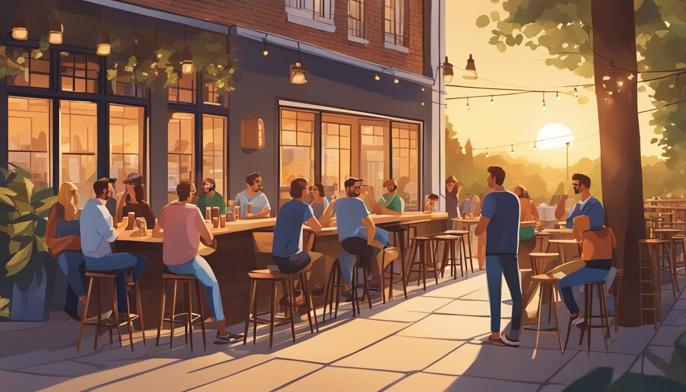 A bustling brewery patio with people chatting, clinking glasses, and enjoying local craft beers in the warm evening sun