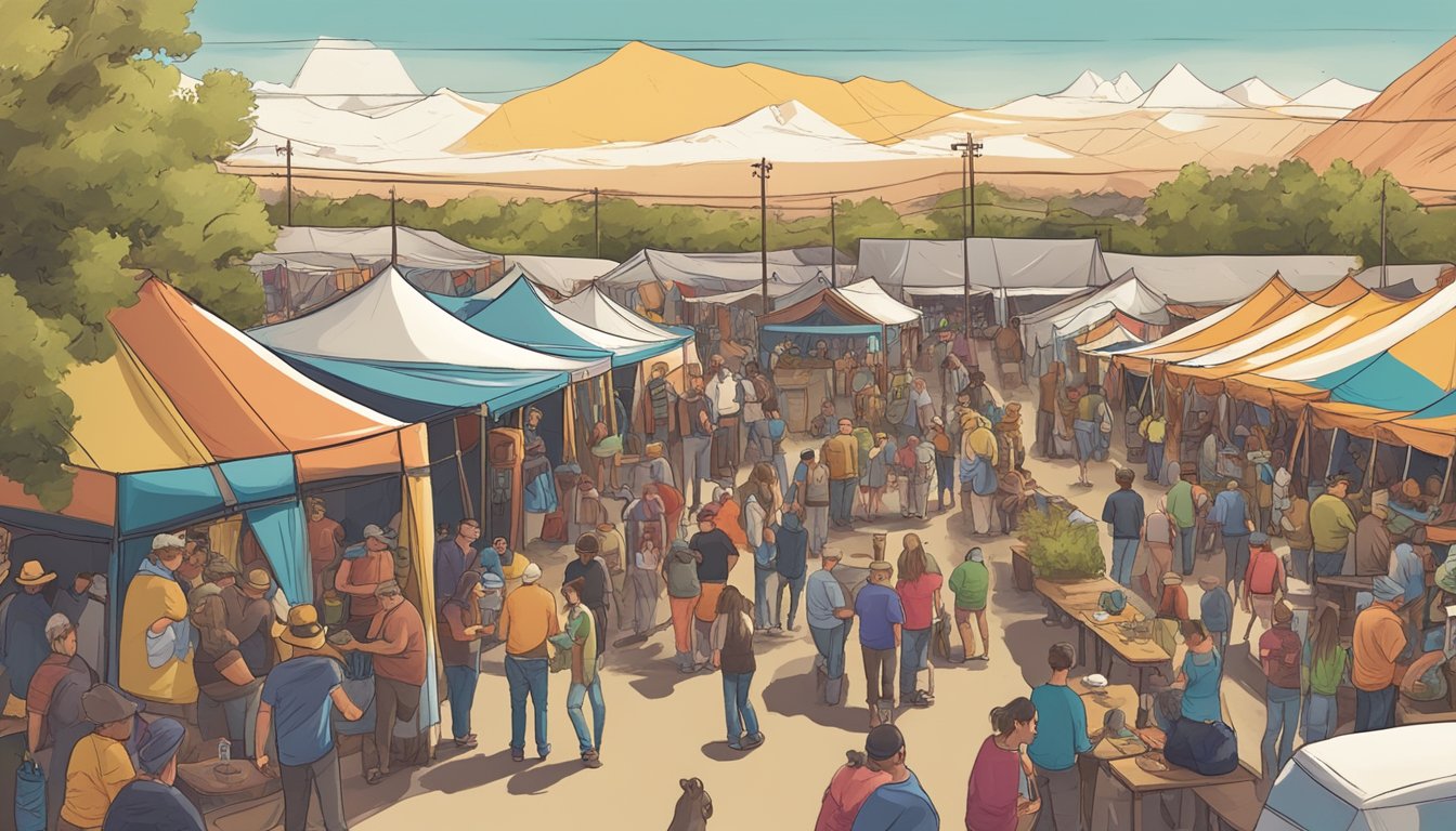 A bustling beer festival in Pueblo, CO, with colorful tents, live music, and a variety of local craft beer vendors