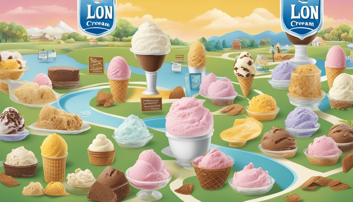 A colorful display of Food Lion ice cream varieties, surrounded by historical images of ice cream production and enjoyment