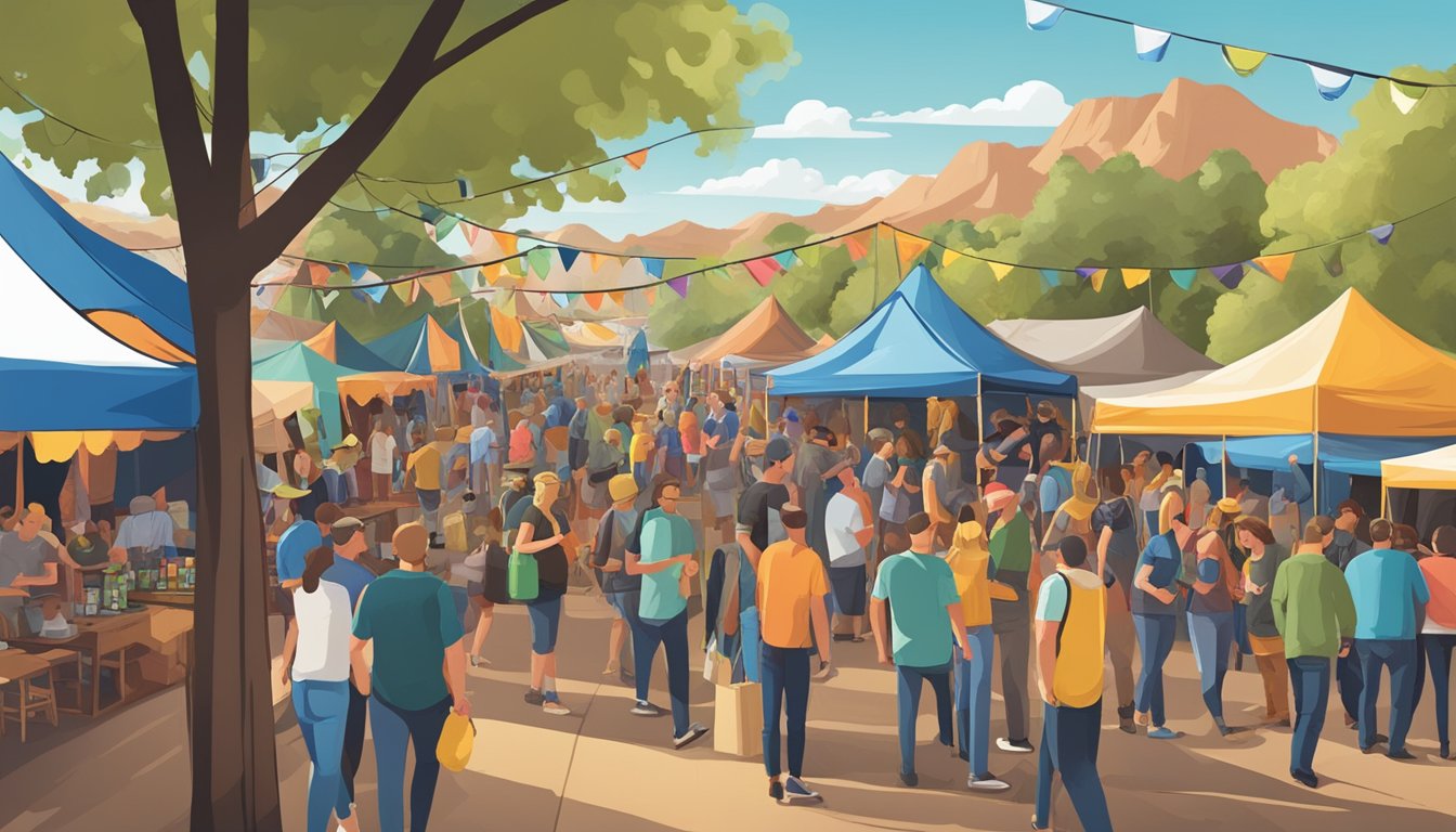 A bustling craft beer festival in Pueblo, CO, with colorful banners and tents, lively music, and people sampling various brews