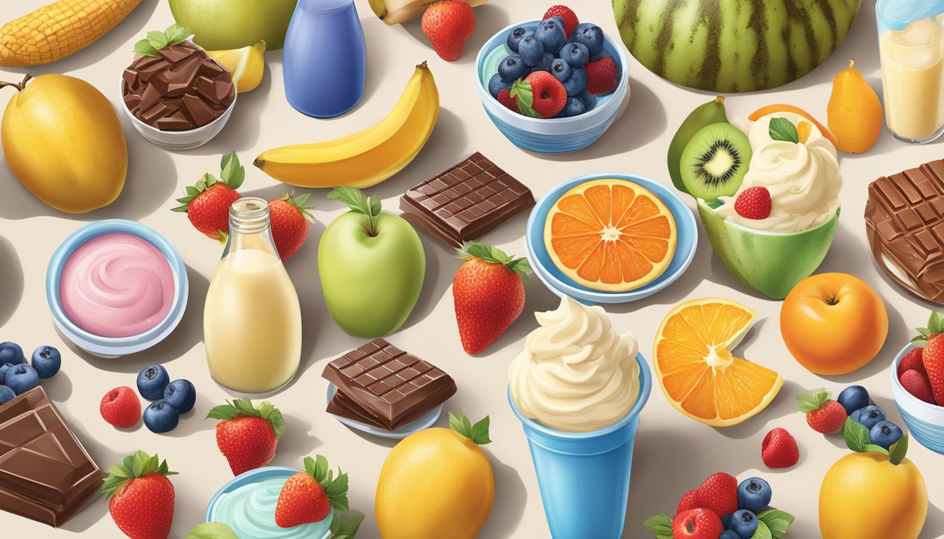 A colorful display of fresh fruits, creamy milk, and rich chocolate, surrounded by food lion ice cream varieties