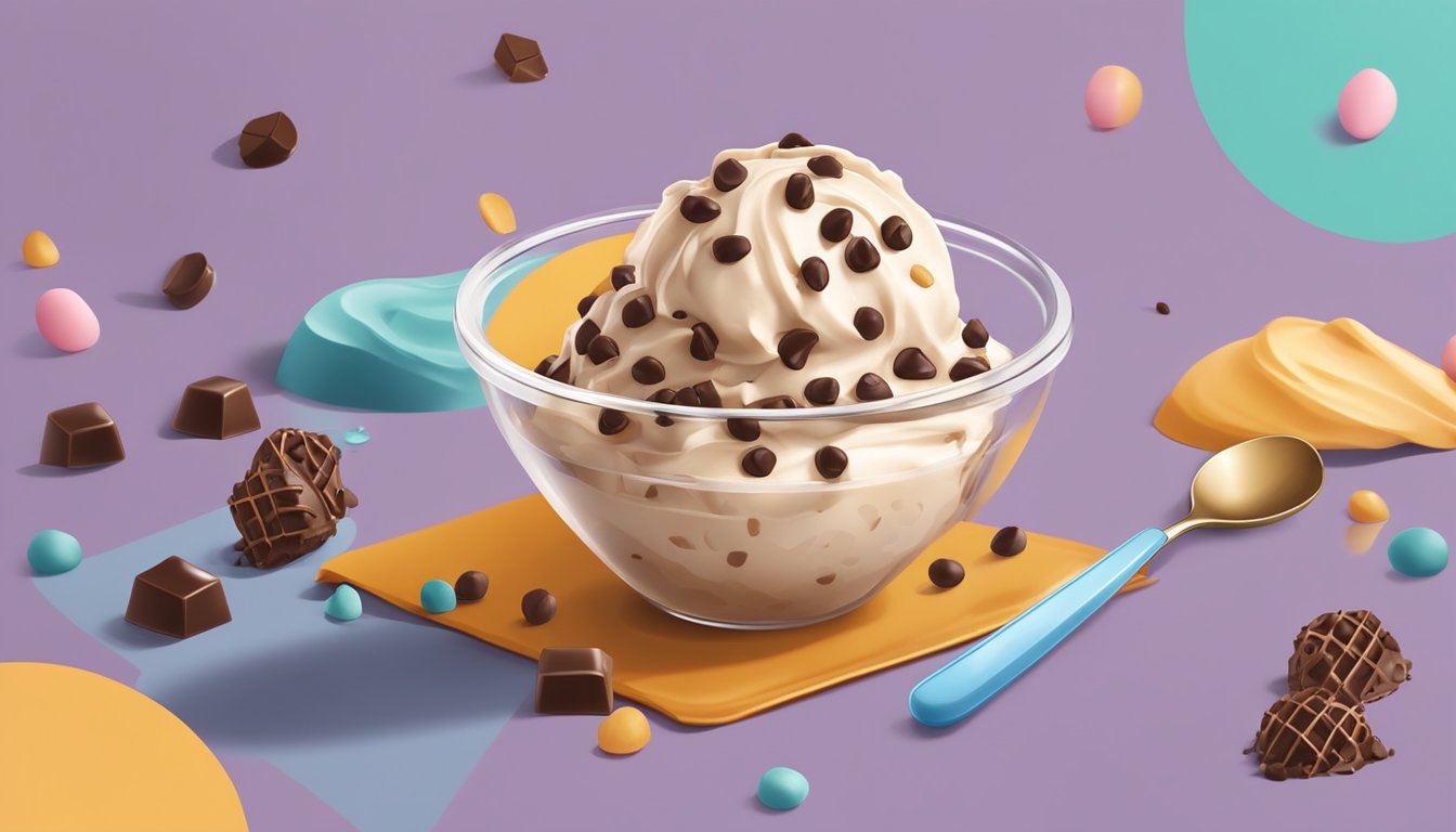 A colorful carton of Aldi ice cream surrounded by scattered chocolate chips and a drizzle of caramel, with a spoon resting on the side