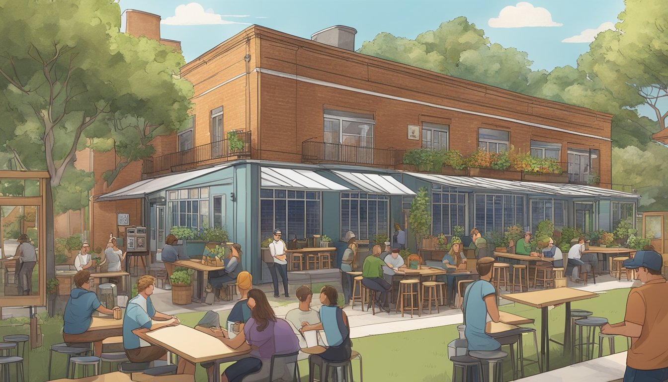 A bustling local craft brewery with solar panels, recycling bins, and a community garden. Customers engage in outdoor seating and live music