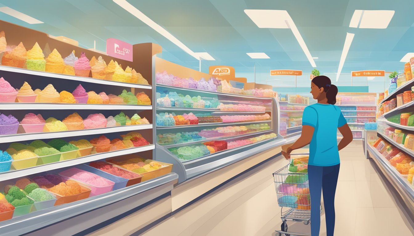 Aldi's ice cream aisle: colorful tubs and cones, a freezer full of tasty treats, and a happy shopper browsing the selection