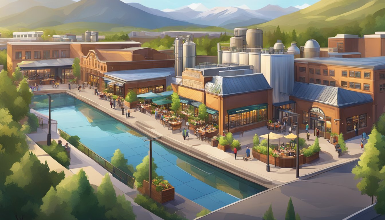 A bustling brewery district with diverse architecture and outdoor seating, surrounded by vibrant greenery and a backdrop of the Rocky Mountains