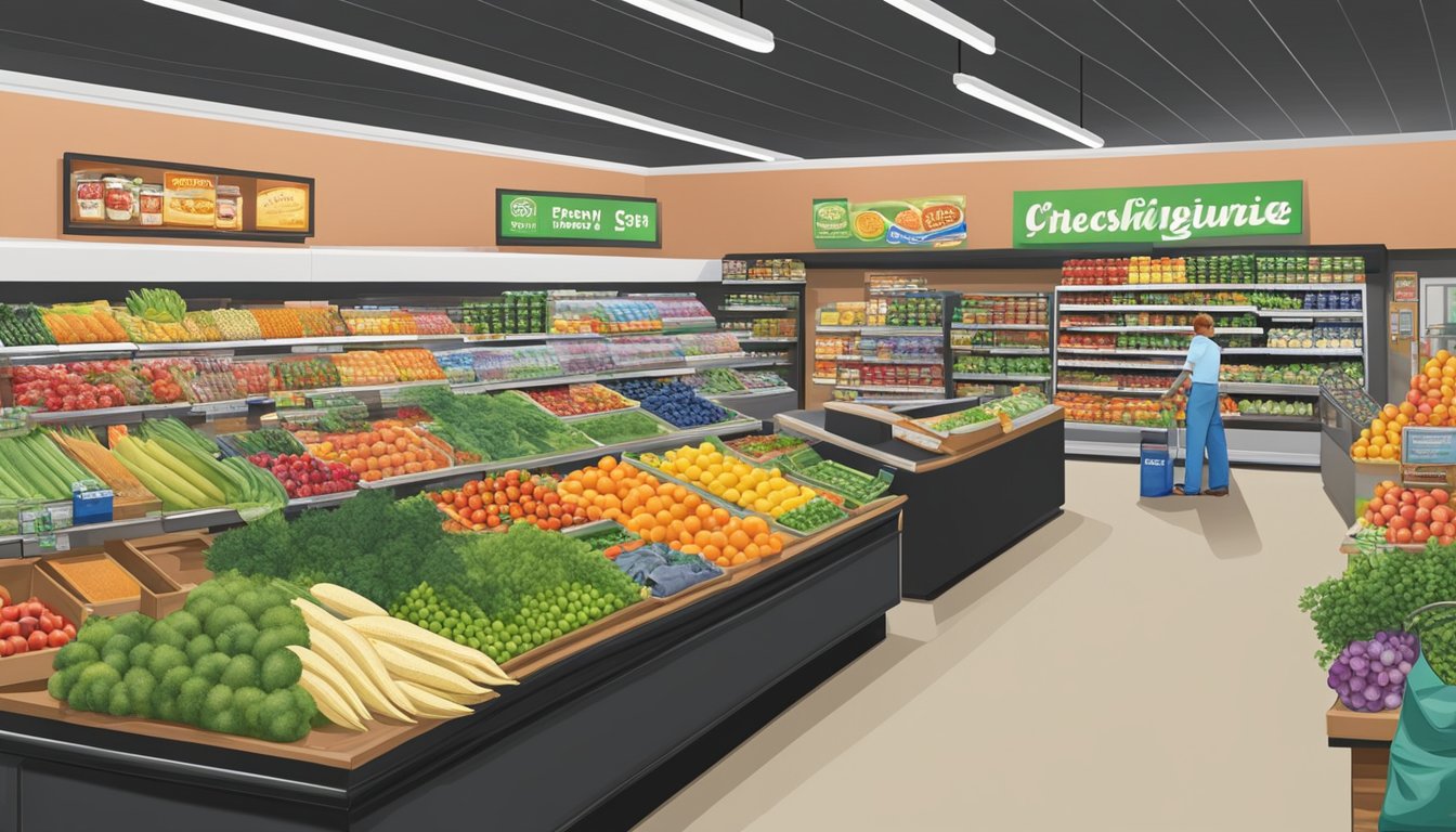 A colorful display of fresh produce and packaged goods at Piggly Wiggly, with aisles of groceries and a checkout counter