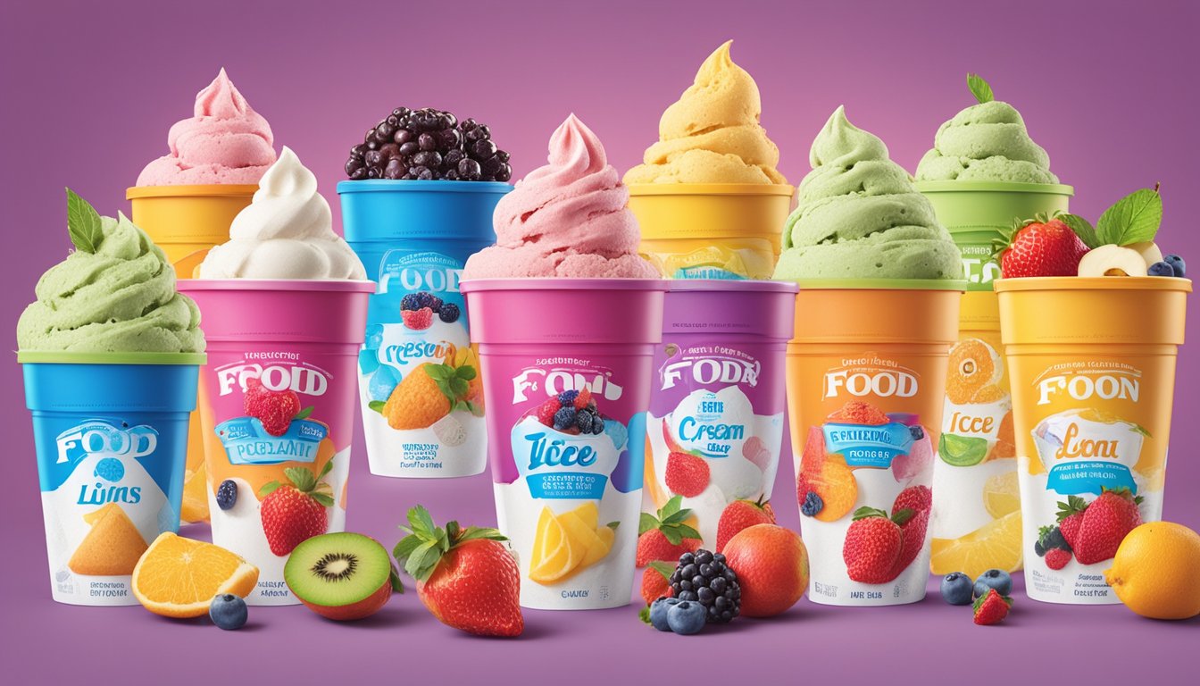 A colorful array of food lion ice cream cartons, each with a different flavor label, surrounded by vibrant fruits and toppings