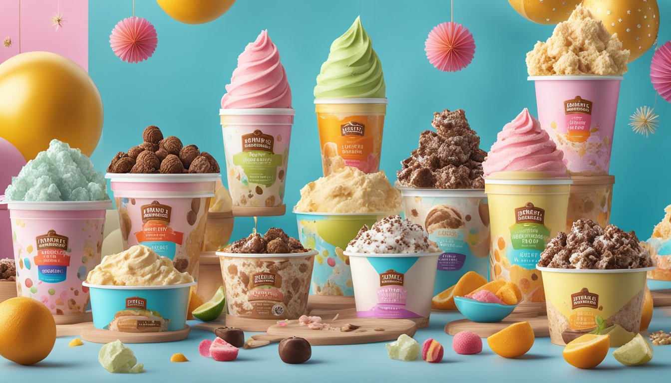 A colorful display of Aldi's ice cream flavors and toppings, surrounded by vibrant seasonal decorations and trendy packaging