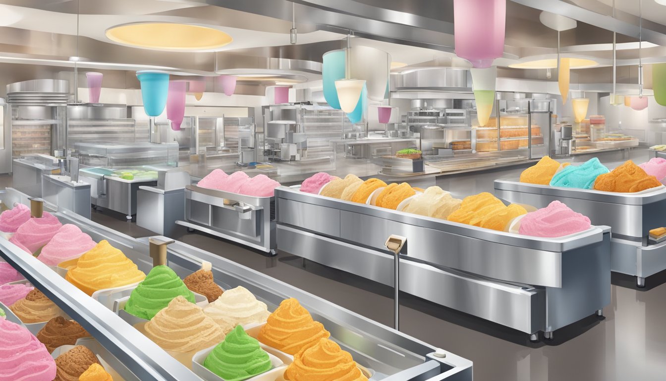 A bustling ice cream factory with colorful machines churning out various flavors, surrounded by stacks of freshly packaged Food Lion ice cream