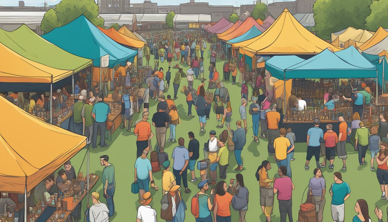 A bustling craft beer festival in Bridgeport, CT, with rows of colorful tents and a diverse crowd sampling local brews