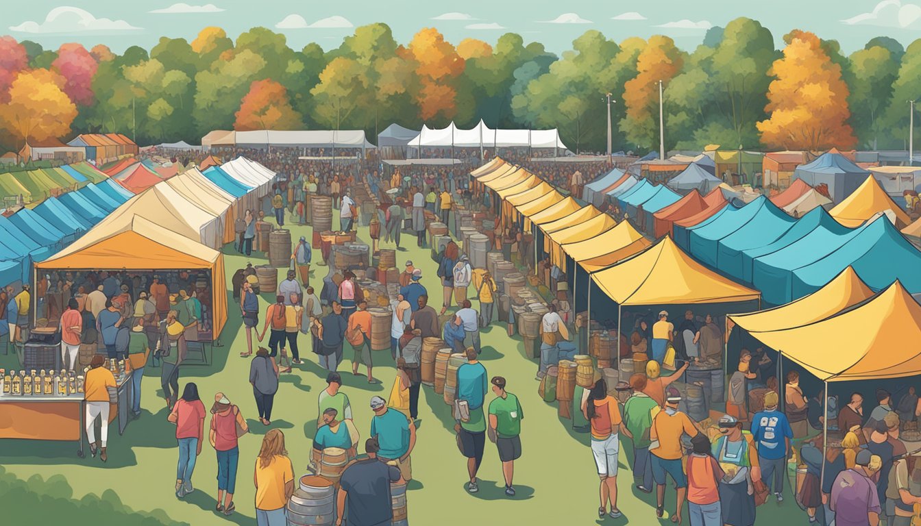 A bustling craft beer festival in Bridgeport, CT, with rows of colorful tents and eager beer enthusiasts sampling various brews