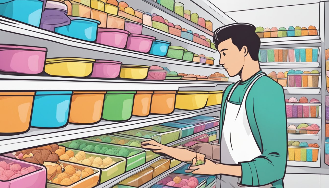 A person reaches into a freezer, surrounded by rows of colorful ice cream containers. The labels display various flavors, tempting the viewer with options