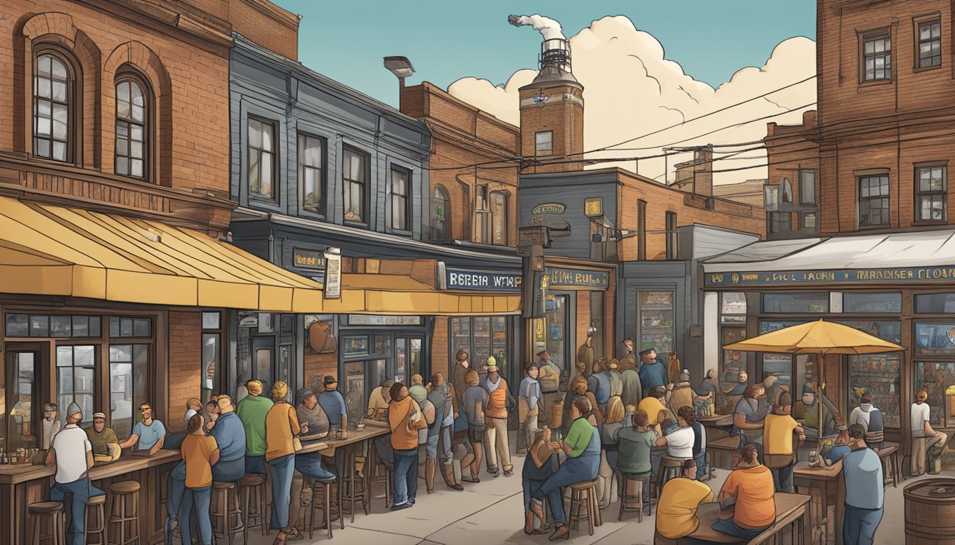 A bustling brewery scene in Bridgeport, CT, with diverse craft beer styles on display, from hoppy IPAs to rich stouts, all brewed locally