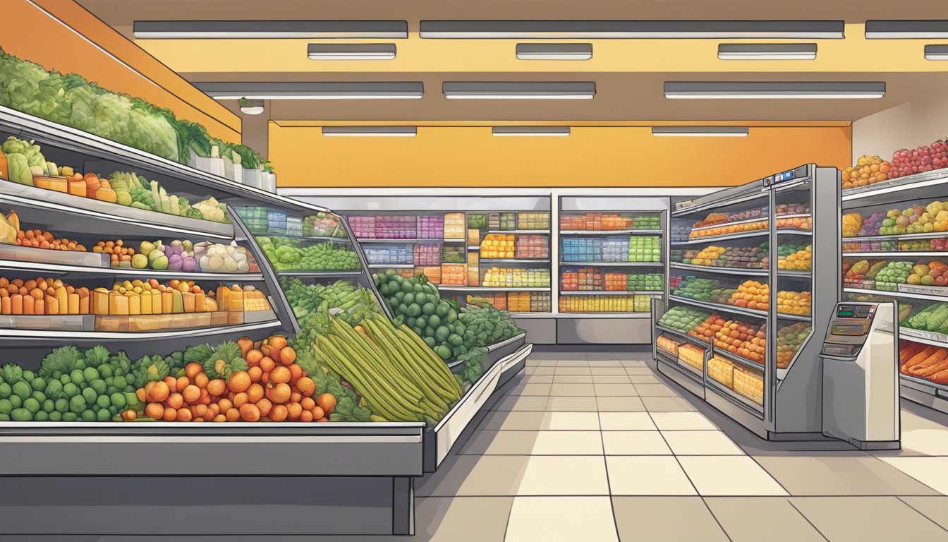 A bustling grocery store with colorful produce, neatly stocked shelves, and busy checkout lanes