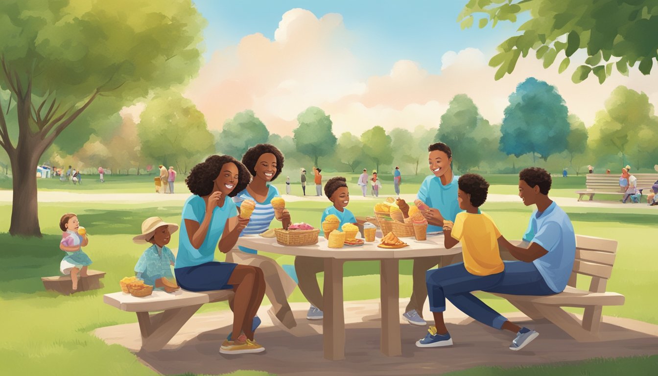 A family enjoying a picnic in a sunny park, with a colorful array of Food Lion ice cream varieties displayed on a nearby table