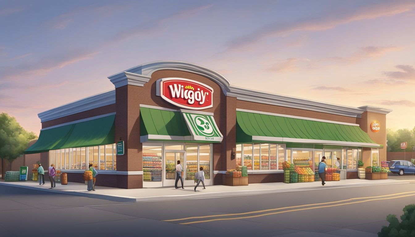 A bustling Piggly Wiggly store with a prominent store locator sign and accessible entrance for groceries