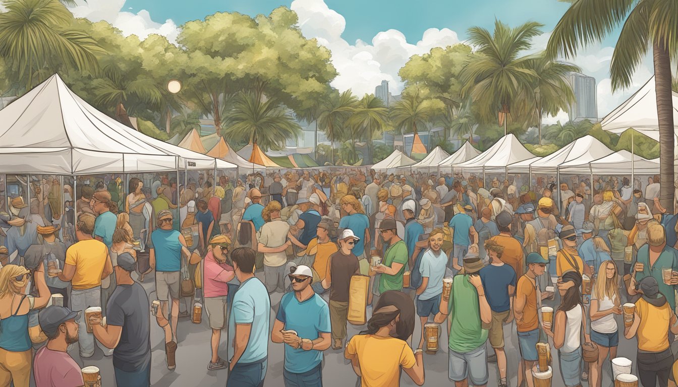 A bustling craft beer festival in Fort Lauderdale, with a variety of breweries showcasing their unique and innovative beer offerings to a crowd of enthusiastic beer enthusiasts