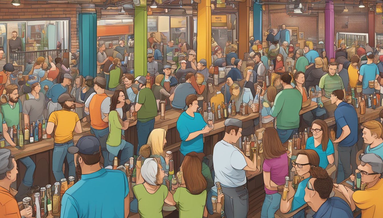 A bustling craft beer scene in Thornton, CO, with colorful tap handles and lively conversation