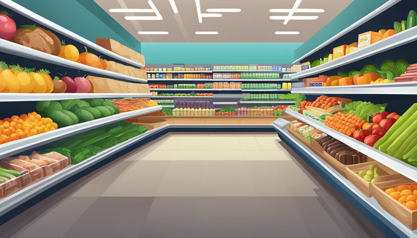 Aisle of fruits, vegetables, meats, and dairy products in a supermarket. Shelves stocked with various grocery items and special offers