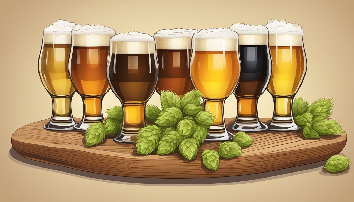 A group of craft beer glasses arranged on a wooden tasting board, with various colors and levels of foam, surrounded by hops and barley