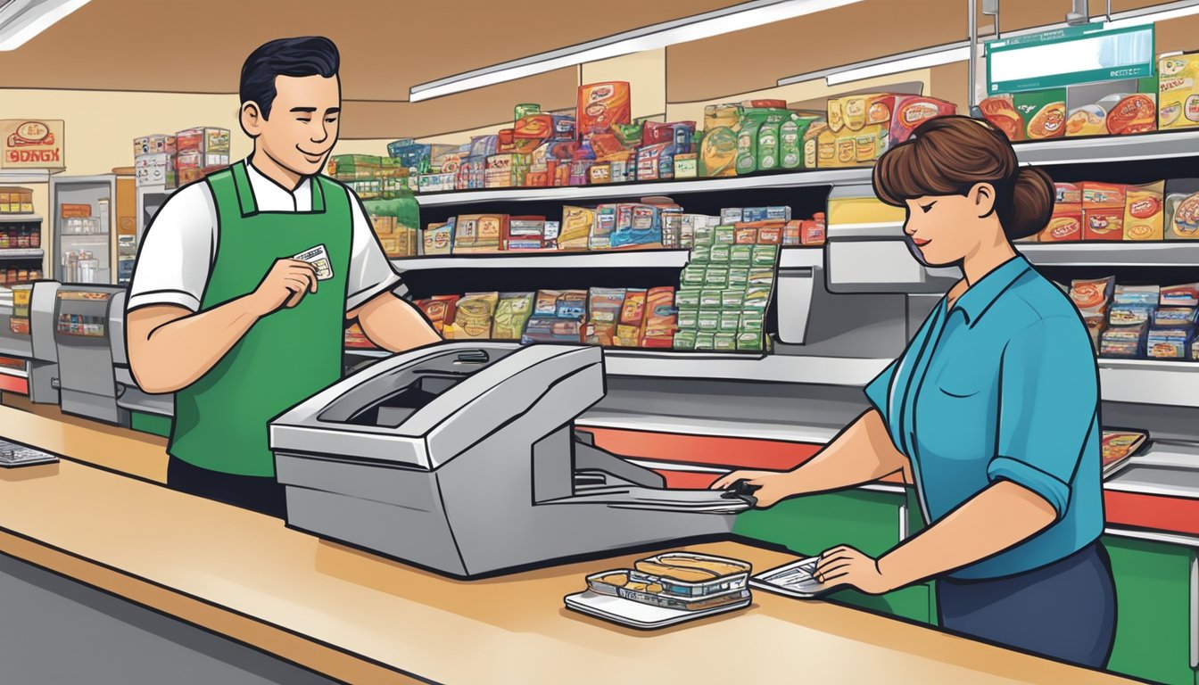 A customer swiping a credit card at the checkout counter of a Piggly Wiggly grocery store