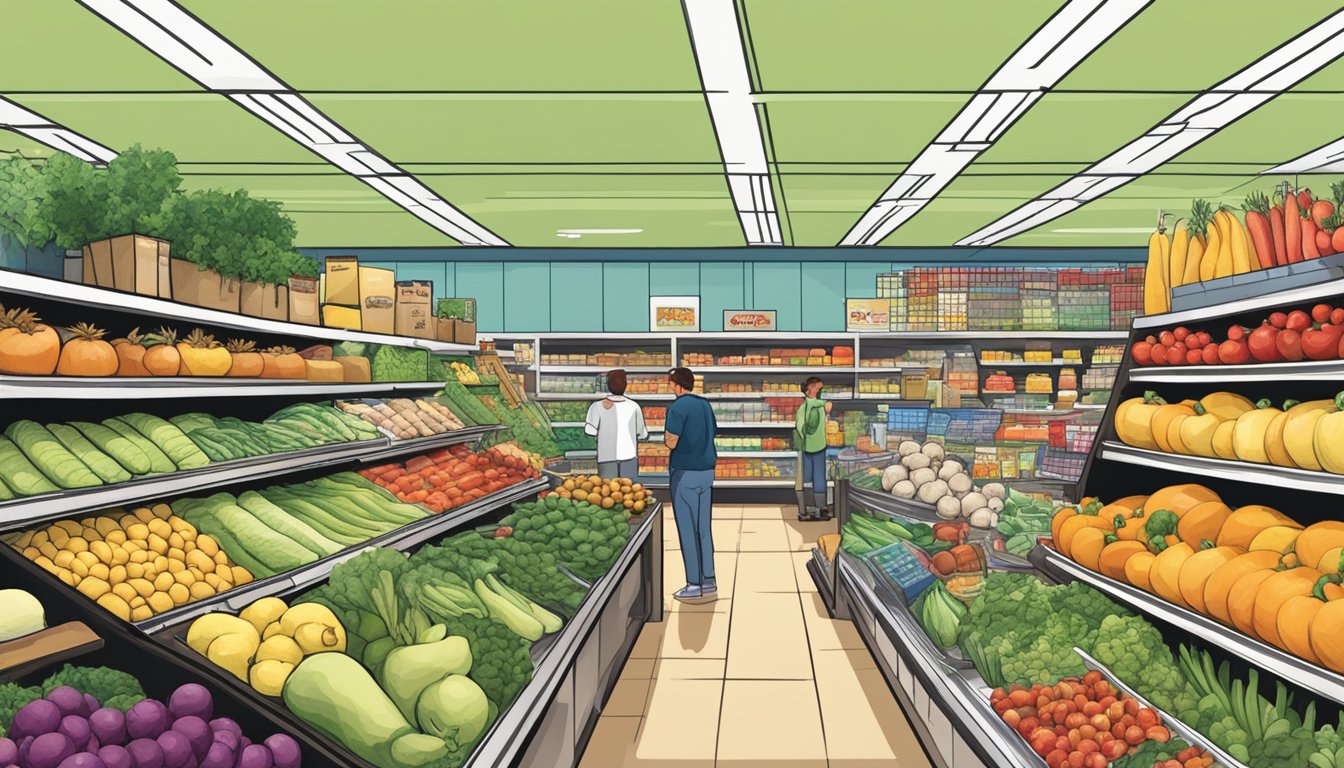 A bustling grocery store aisle filled with colorful produce, shelves stocked with various ingredients, and customers browsing through recipe books for inspiration