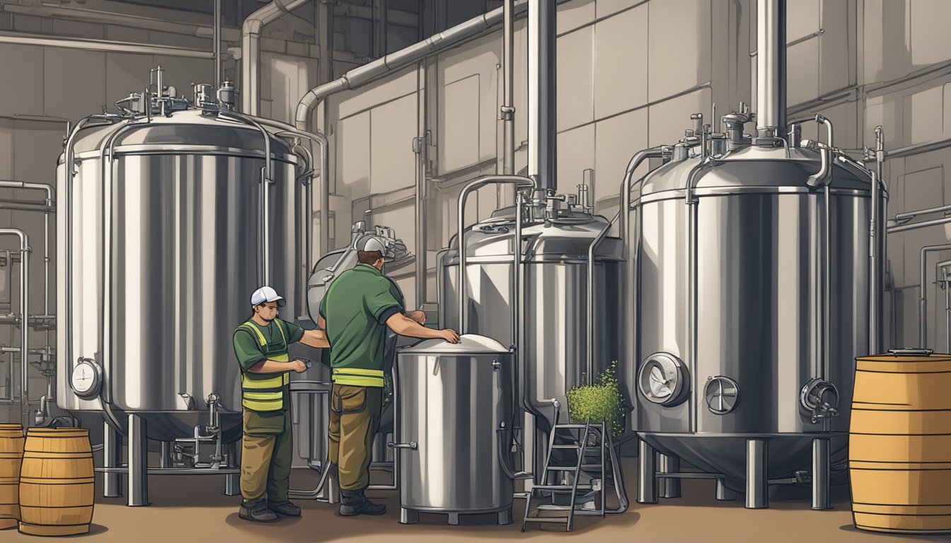 A brewery worker carefully pours hops into a large stainless steel brewing tank, surrounded by bags of malt and brewing equipment