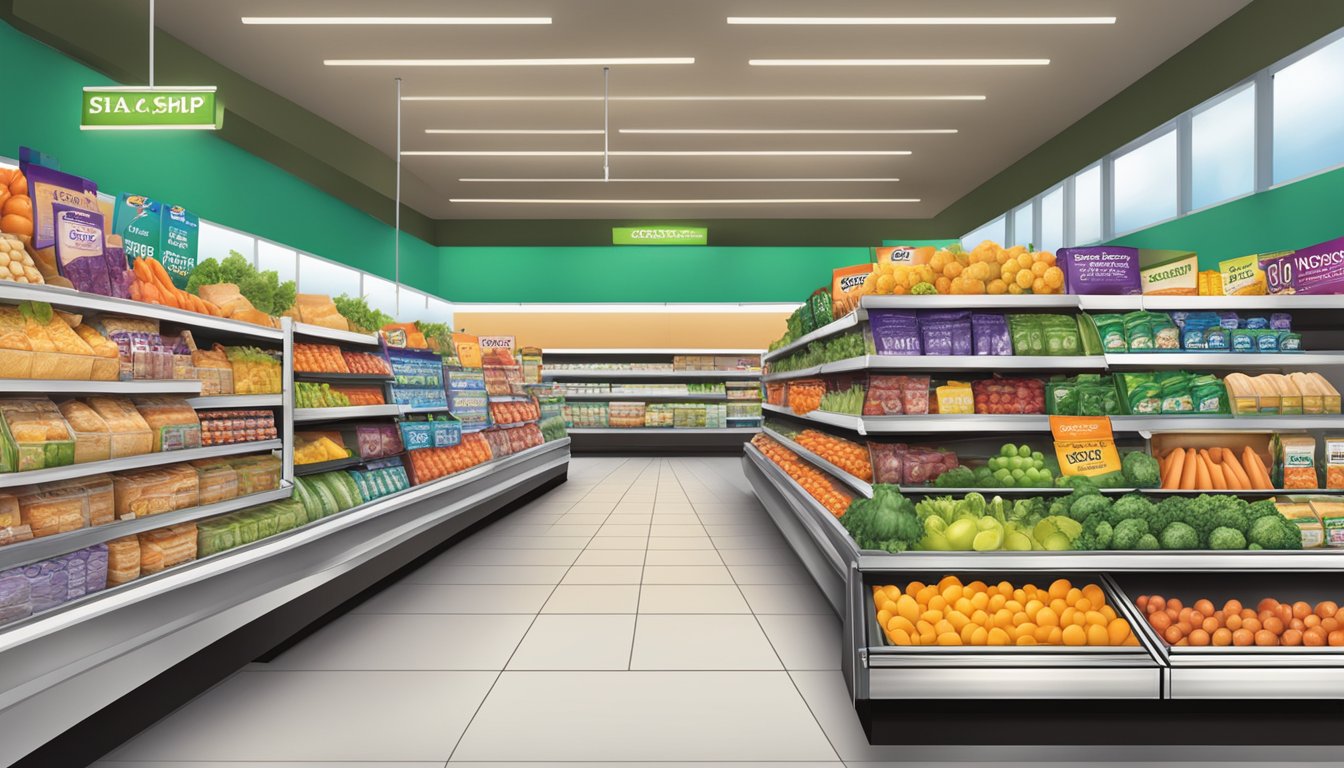 A display of groceries with pricing labels and promotional signs at Stop & Shop