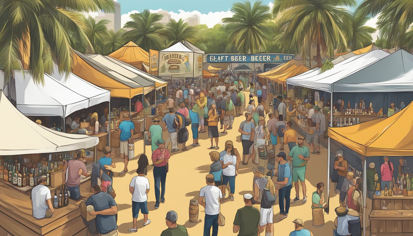 A bustling craft beer festival in Fort Lauderdale, FL, with a variety of beer styles and flavors showcased at vendor booths