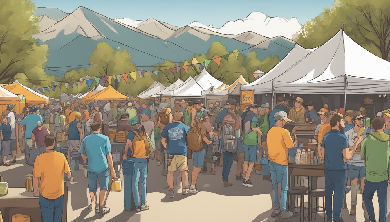 A bustling craft beer festival in Thornton, CO, with vendors, live music, and enthusiastic patrons sampling various brews