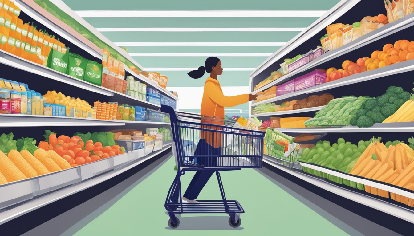 A person pushing a shopping cart filled with groceries through the aisles of a Stop & Shop supermarket