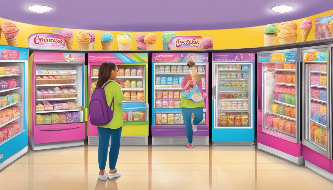 Customers browsing ice cream freezers at Family Dollar store. Brightly colored packaging and various flavors on display