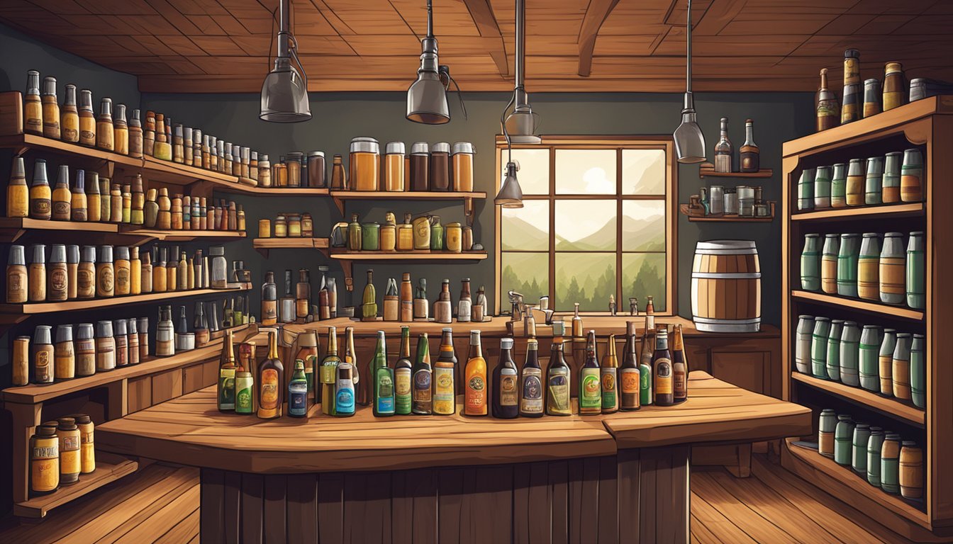 A cozy home brewery in Thornton, CO, with various craft beer equipment and ingredients on a wooden table. Bottles and cans of local brews line the shelves